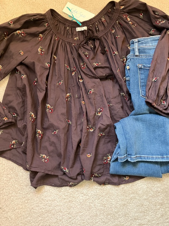 Kyla Seo Tops - Kyla Seo Women's Brown Embroidered Floral Peasant Blouse